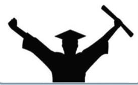  An outline of a graduate with arms up and diploma in hand.